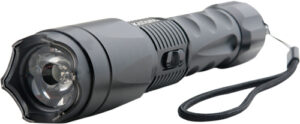 Black tactical flashlight with wrist strap.