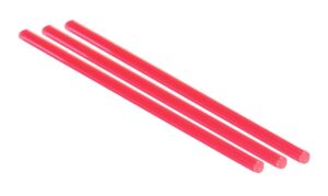 Three red plastic rods on white background.