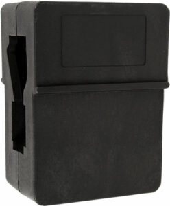 Black rectangular plastic case with lid closed.