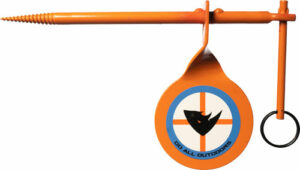 Orange outdoor spinning target for shooting practice.