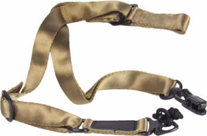 Tan tactical rifle sling with clips.