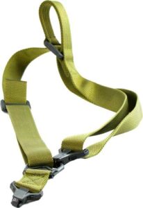 Green tactical rifle sling, adjustable with clips.