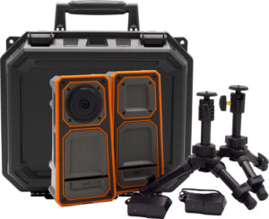 Portable audio equipment with tripods and carrying case.