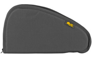 Black padded pistol case with yellow logo.