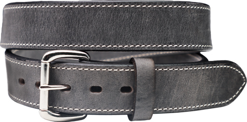 Gray leather belt with silver buckle