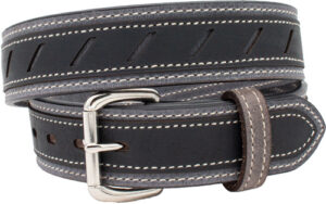 Black leather belt with white stitching
