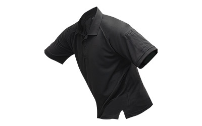 Black short-sleeve polo shirt on white background.