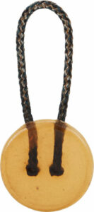 Round orange button with braided loop attachment.