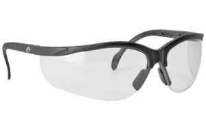 Clear safety glasses with black frames.