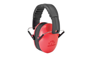 Red noise-canceling earmuffs with black padding