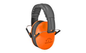 Orange noise-canceling ear muffs on white background.