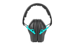 Black noise-canceling earmuffs with teal accents.