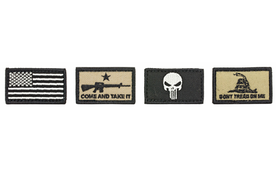 Four military-themed patches in black and beige.