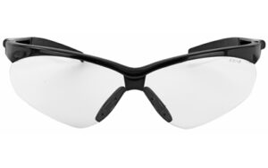 Black-framed sports safety glasses on white background.