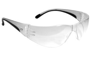Clear safety glasses with black temples.