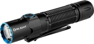 Black tactical flashlight with metal clip