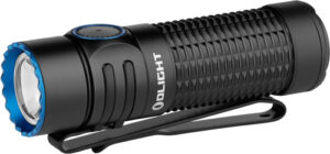 Compact black LED flashlight with blue accents