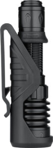 Black tactical flashlight with clip