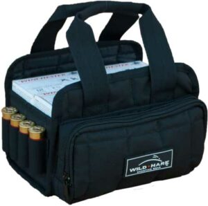 Black ammunition range bag with shells and compartments.
