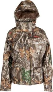 Camo hooded jacket for outdoor activities.