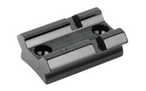 Black metallic scope mount base with two screw holes.