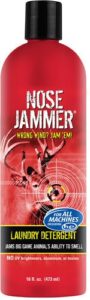 Nose Jammer Laundry Detergent for hunters, 16 oz bottle.