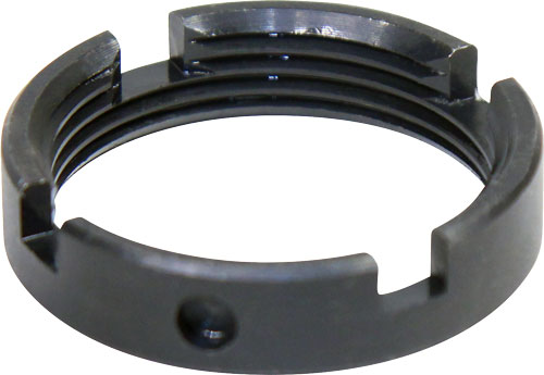 Black metal retaining ring with grooves and slots.