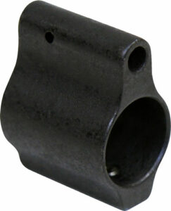 Black metal gas block for firearm barrel.