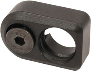 Metal clamp with hex bolt, industrial hardware component.