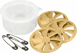 Plastic container with fans and safety pins