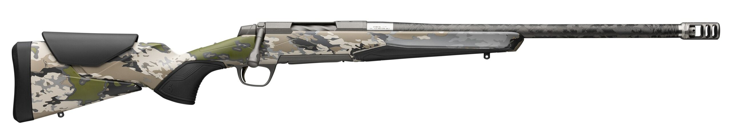 Camouflage bolt-action hunting rifle, side view.