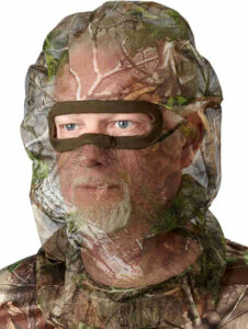 Camouflage hunting face mask with eye openings.