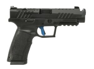 Black semi-automatic pistol with blue trigger