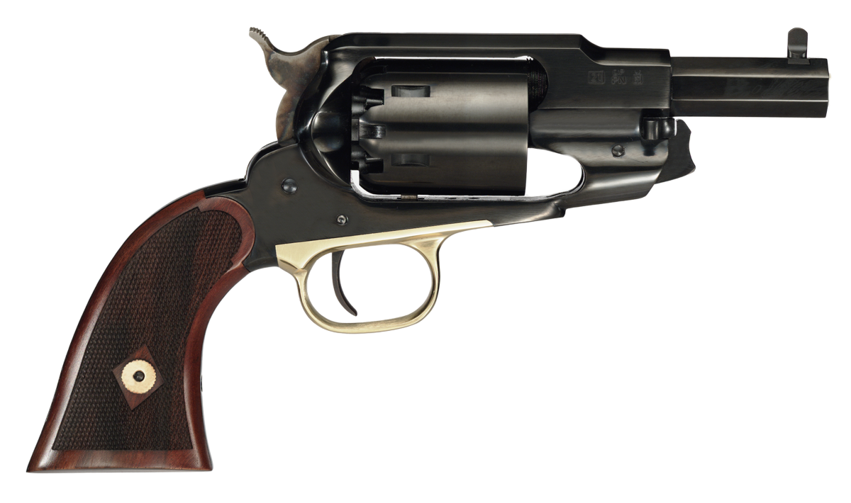 Vintage revolver with wooden grip and brass trigger