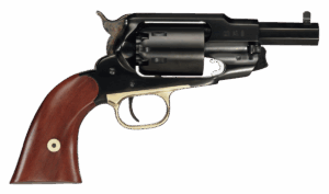 Vintage revolver with wooden grip and metallic finish.
