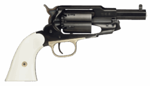 Black and ivory revolver with six-cylinder barrel.