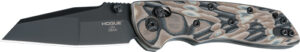 Hogue folding knife with patterned handle and black blade.