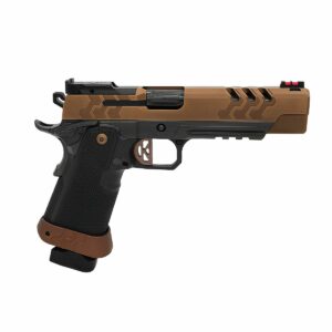 Brown and black toy gun with red sights.