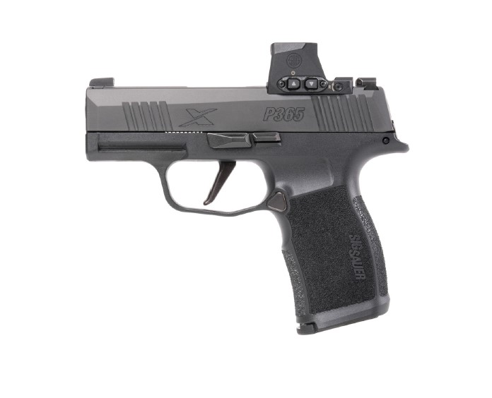 Black handgun with sight attachment, P365 model.