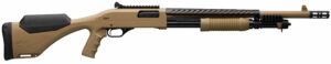 Tactical tan and black shotgun side view.