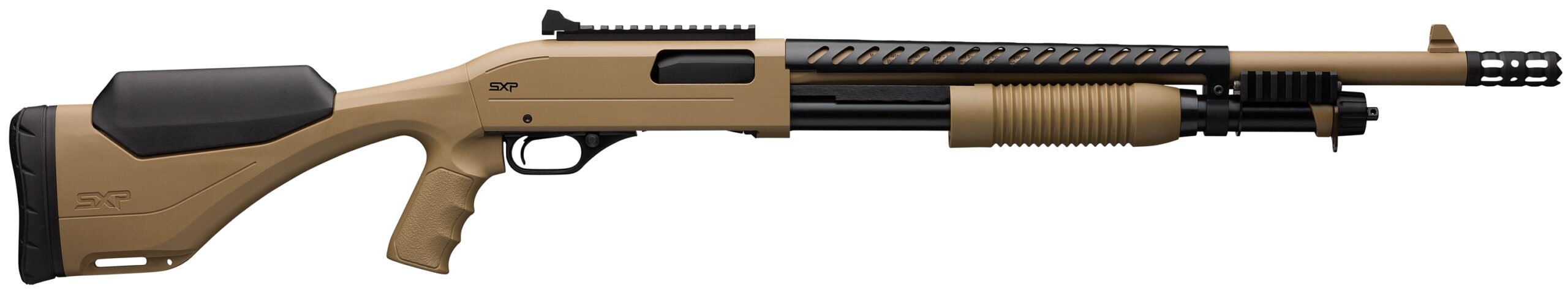 Tactical tan and black shotgun side view.