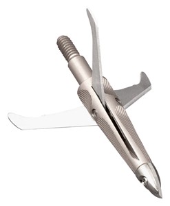 Steel arrow broadhead with three sharp blades.