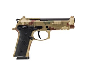 Camouflage handgun with black grip, side view.