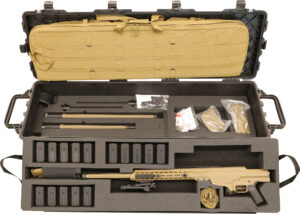 Rifle in protective case with accessories.