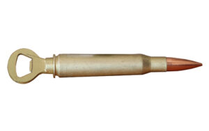 Bullet-shaped bottle opener on white background.