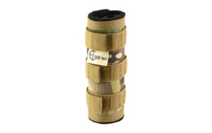 Camo tactical suppressor cover with Velcro straps.