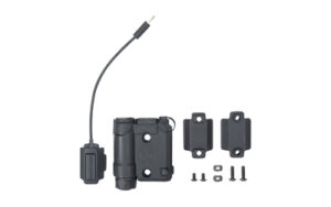 Black electronic accessory with components and screws.