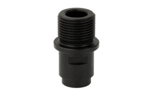 Black threaded pipe fitting on white background.