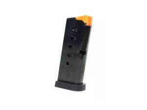 Black gun magazine with orange follower.