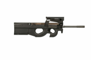 Modern black bullpup tactical rifle side view.